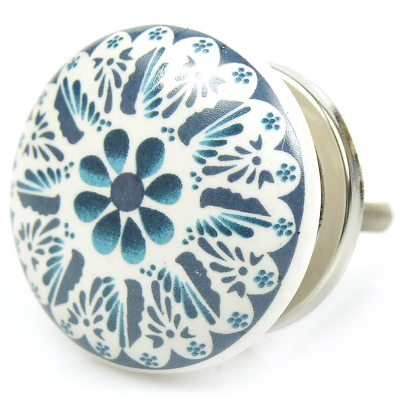 Kommodenknopf Vintage Blume Blau Weiss